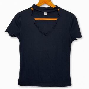 3/$20 Amazon women's black ribbed knit scallop trim 90s cut out top SZ L